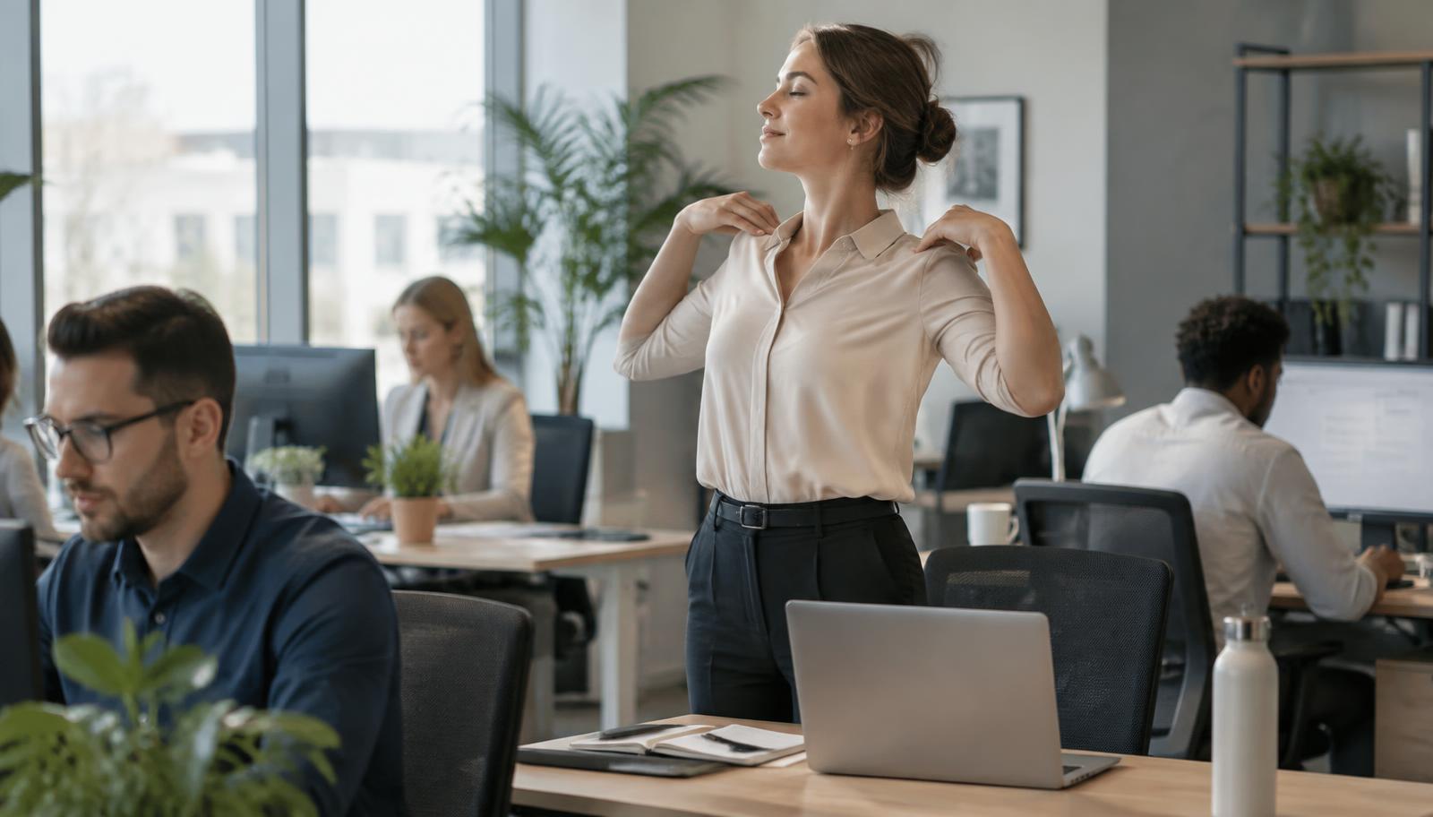 Medewerkers in een moderne kantooromgeving waar één collega tijdens het werk een korte, natuurlijke beweegpauze neemt