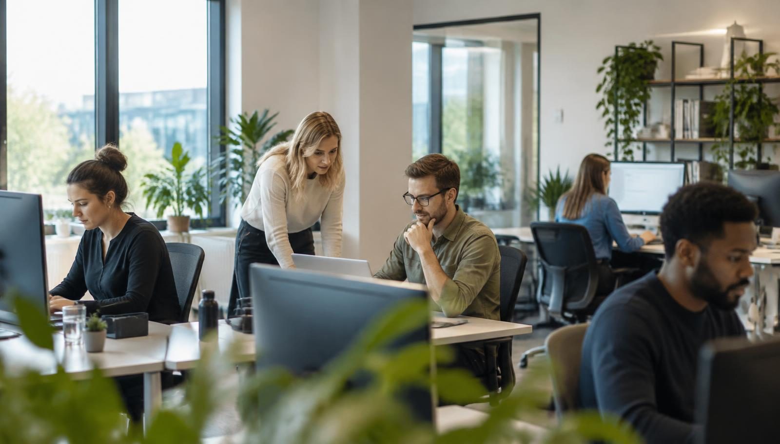Medewerkers tijdens een normale werkdag in een moderne kantooromgeving